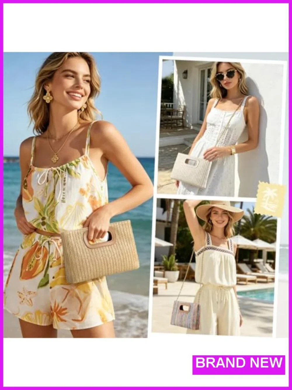 Faux Straw Woven Clutch Purse with Detachable Chain Strap for Beach Wedding